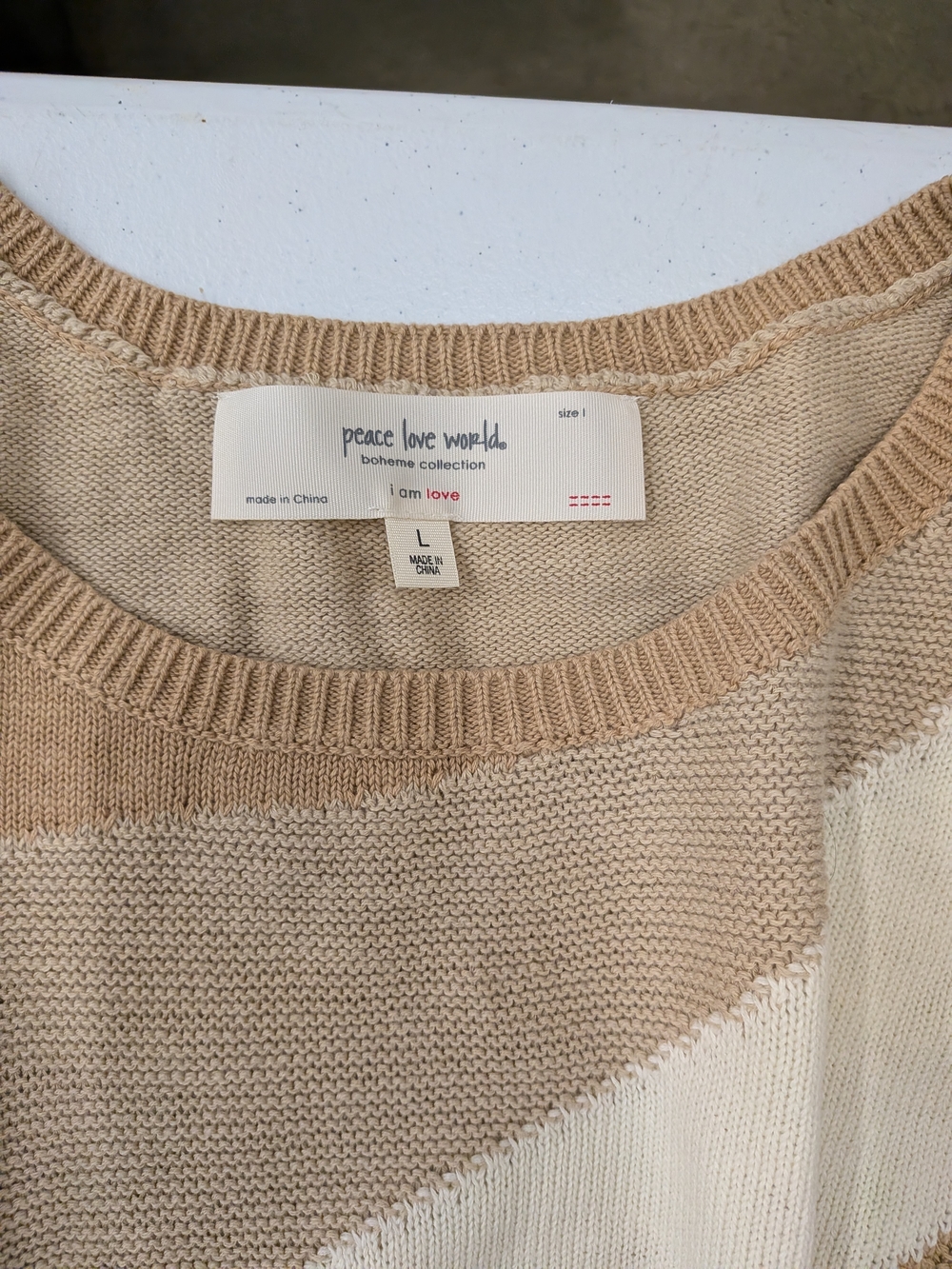 Peace Love World Boho Sweater Women Large Beige Cream Colorblock Knit Pullover C - Picture 7 of 12